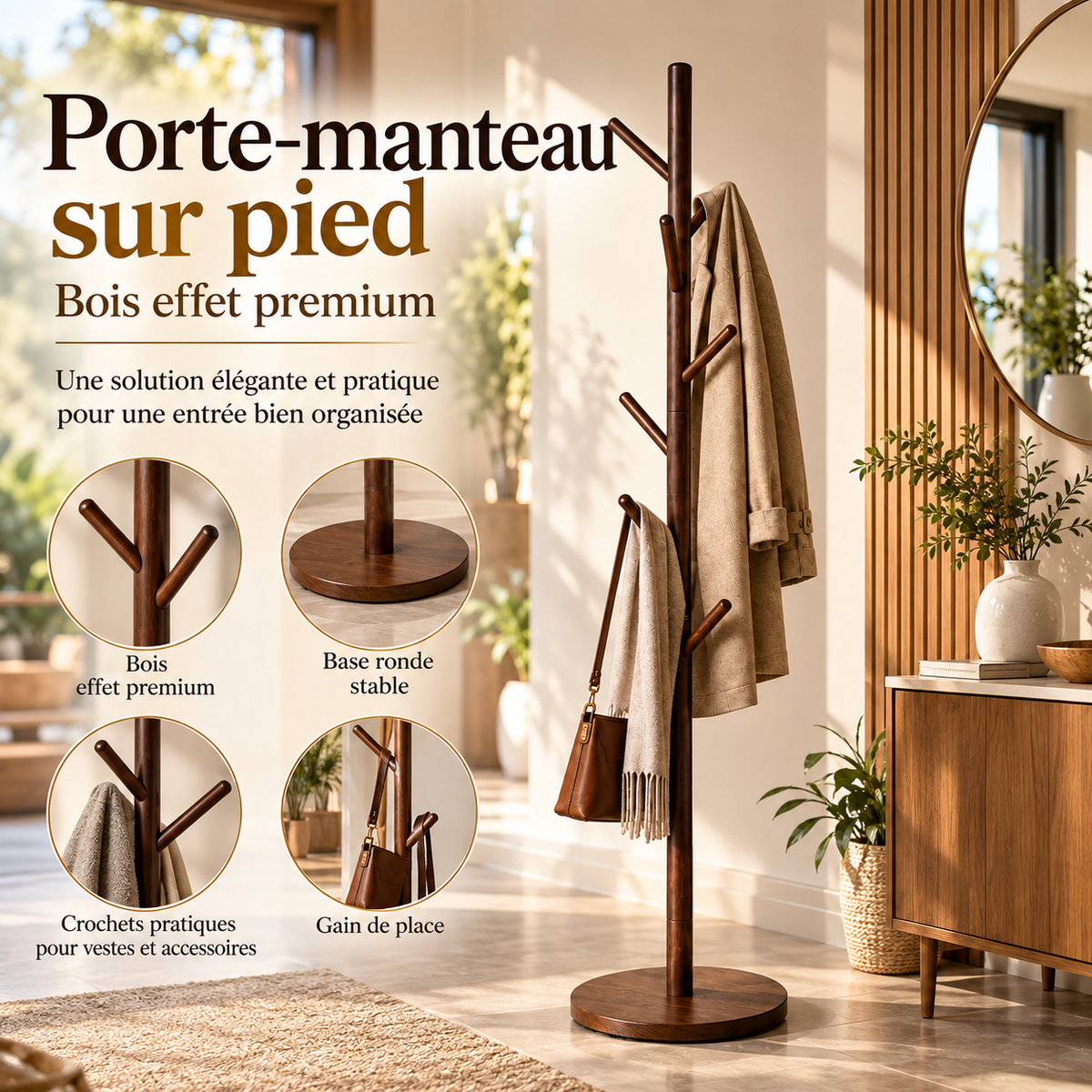 Porte-Manteau sur Pied Minimaliste – Bois Naturel & Élégance