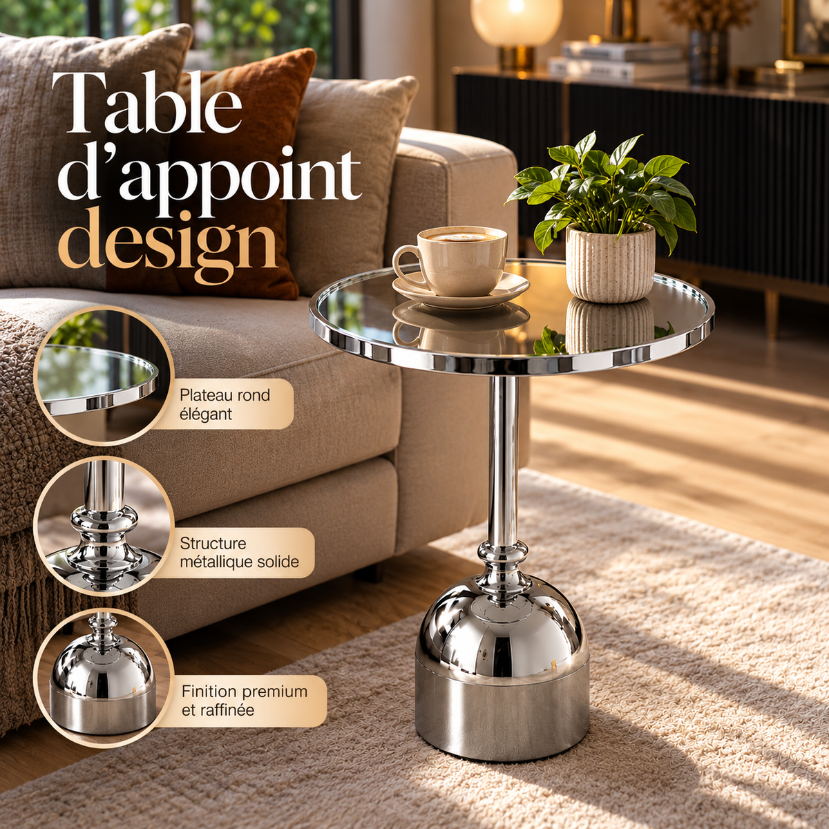 Table d'Appoint en Verre Moderne – Doré & Argenté