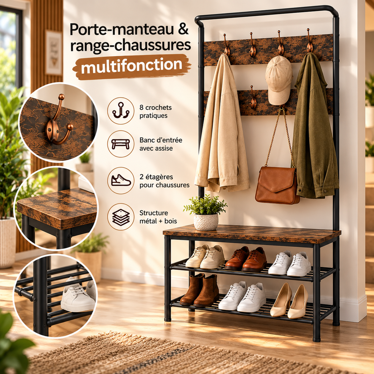 Multifunctional Coat Rack and Shoe Bench