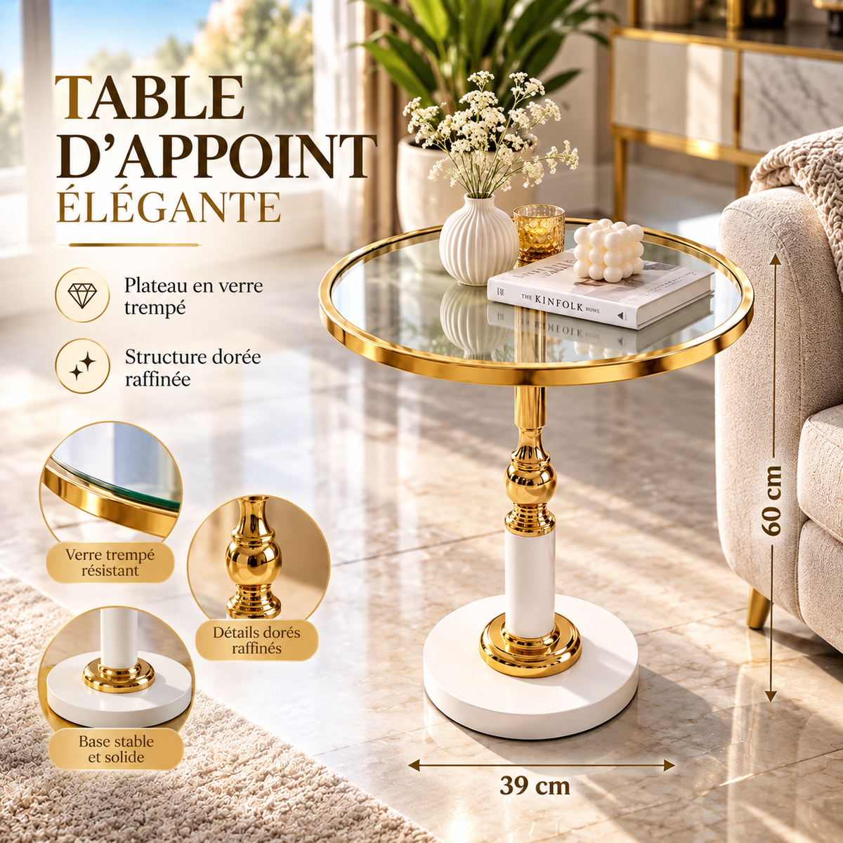 Table d'appoint élégante en verre trempé et pied doré sculpté, base ronde blanche, H60cm D39cm