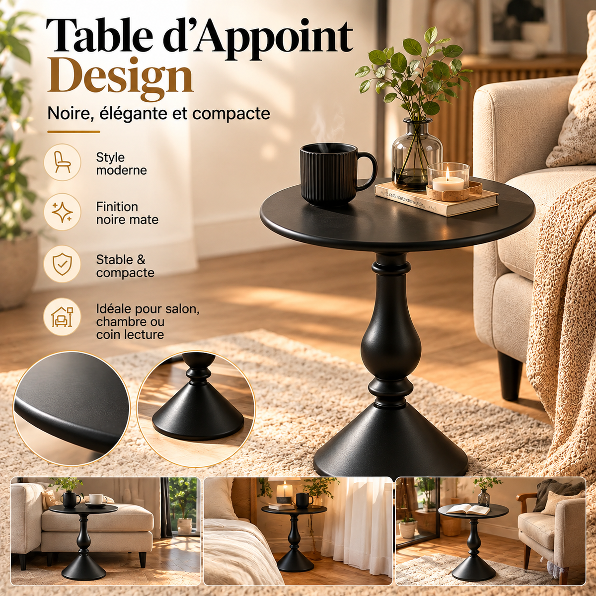 Table d'Appoint Pied Sculpté Noir Mat – Design d'Exception