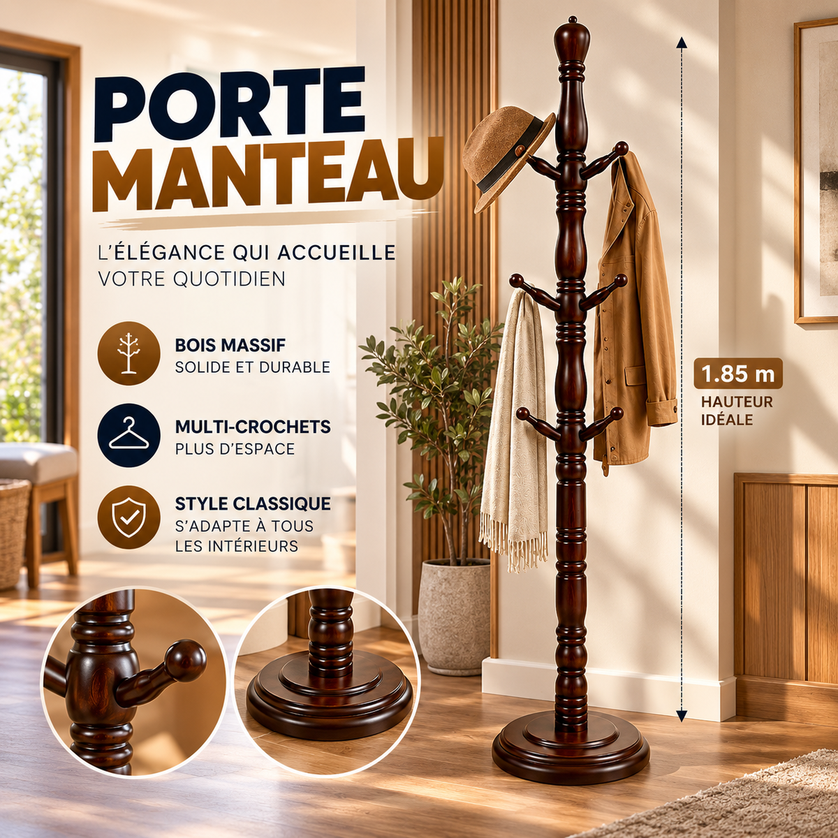 Porte-Manteau sur Pied en Bois Massif