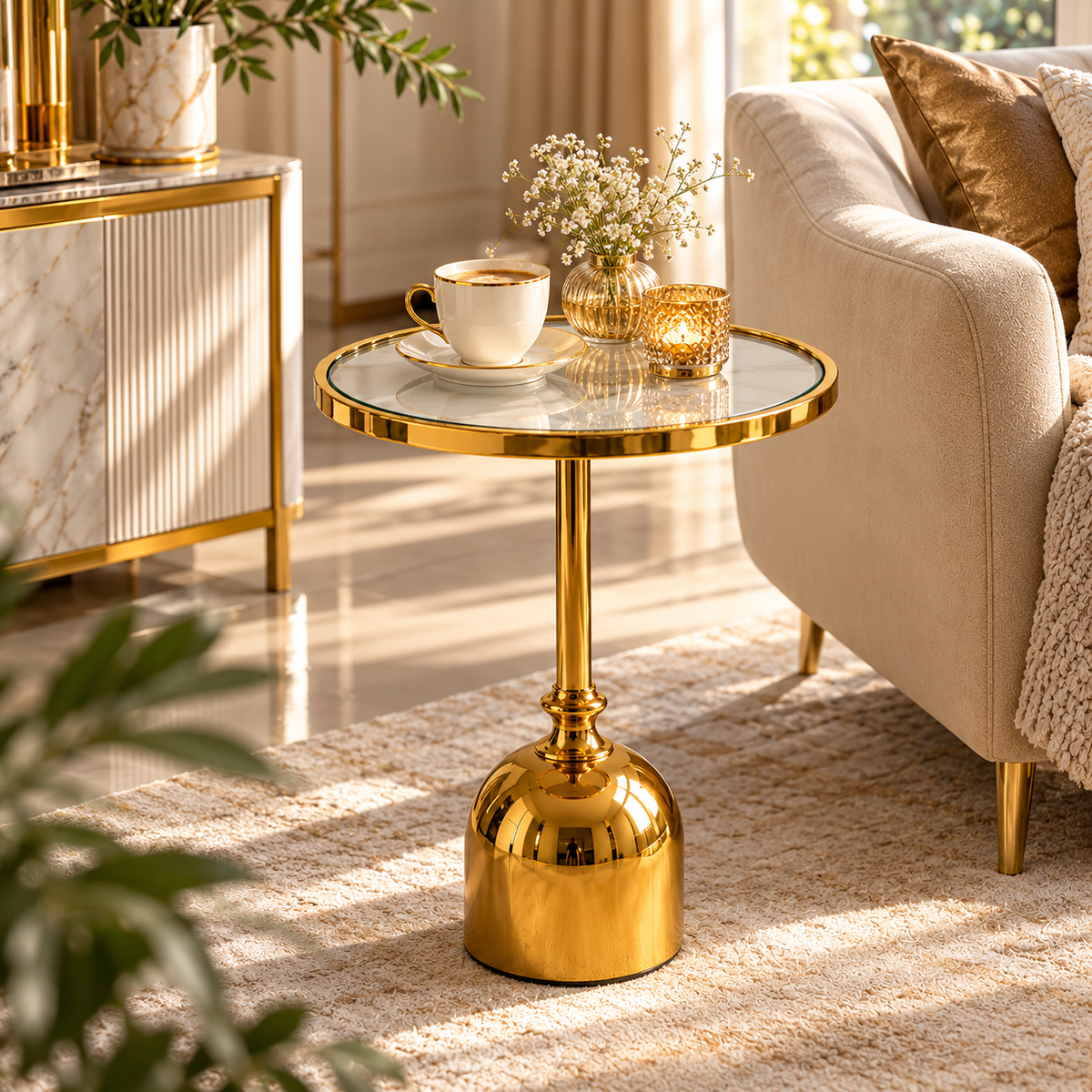Table d'Appoint en Verre Moderne – Doré & Argenté