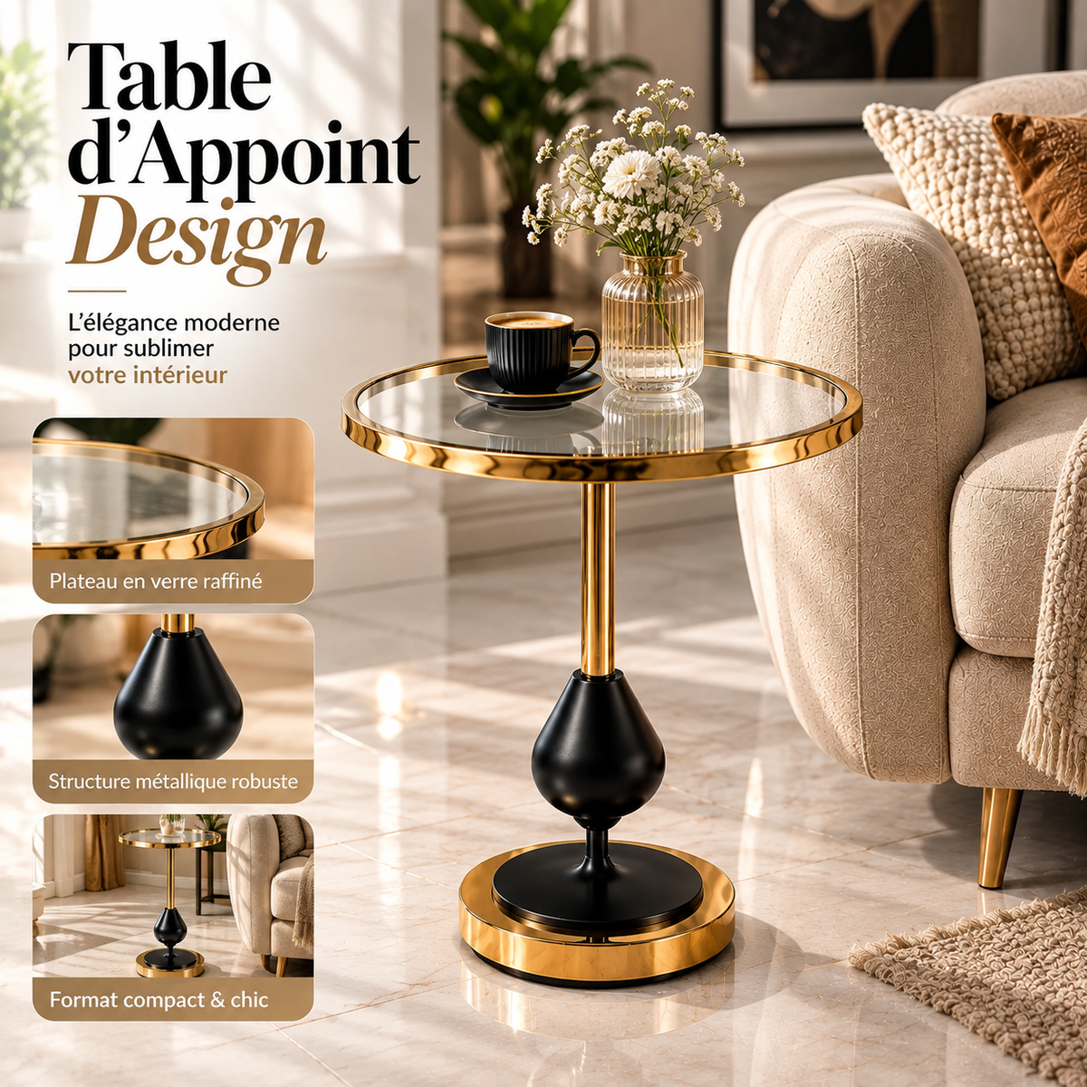 Glass Accent Table - Black and Gold