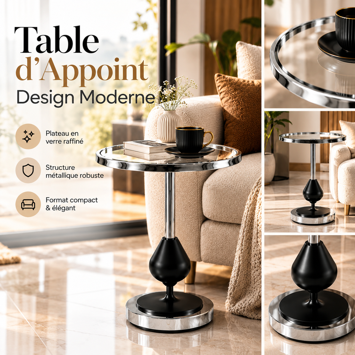 Table d'Appoint en Verre – Noir & Or
