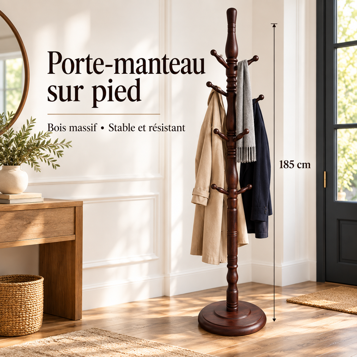 Porte-manteau sur pied en bois massif 185 cm