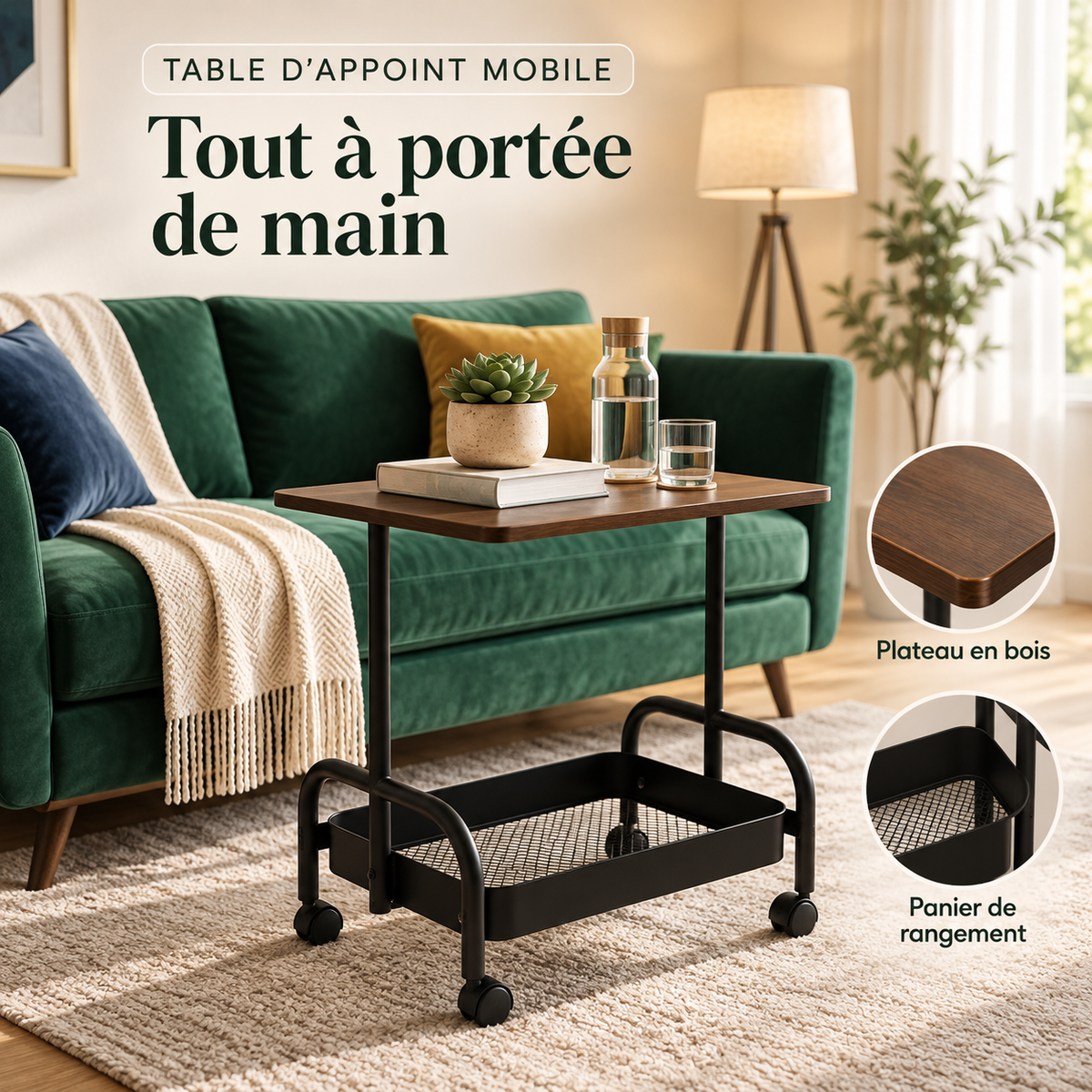 Table d’appoint mobile plateau bois noyer panier rangement métal roulettes