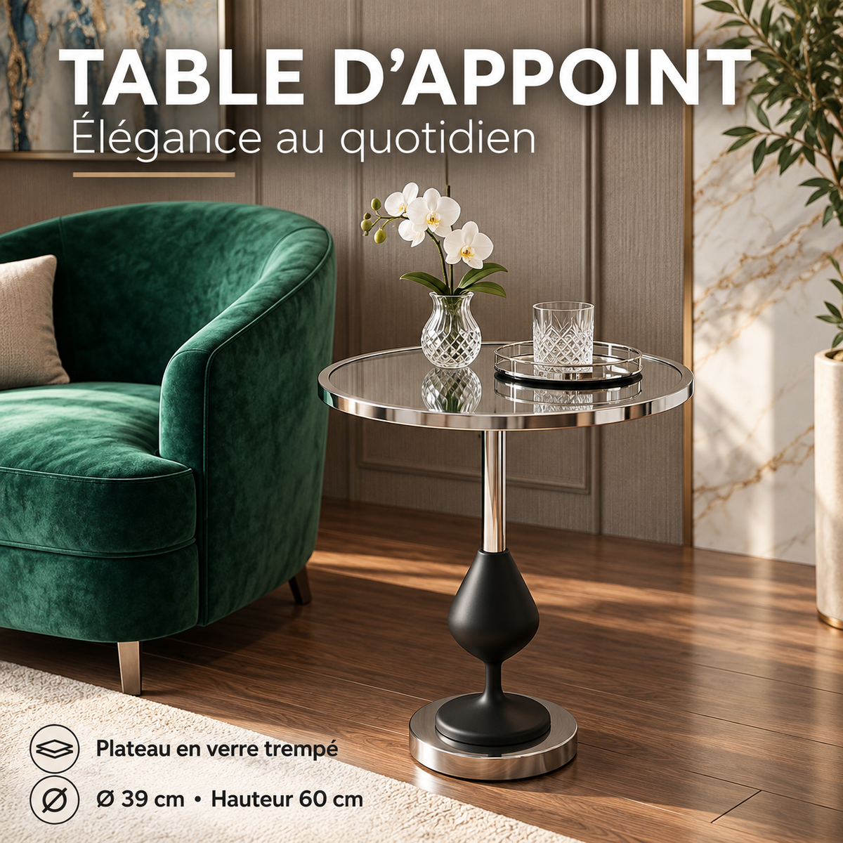 Table d’appoint élégante plateau verre trempé coloris argenté Ø39cm