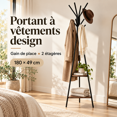 Portant à vêtements design 180x49 cm avec 2 étagères
