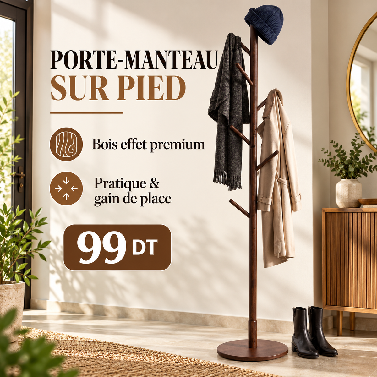 Porte-manteau sur pied bois effet premium 99 DT
