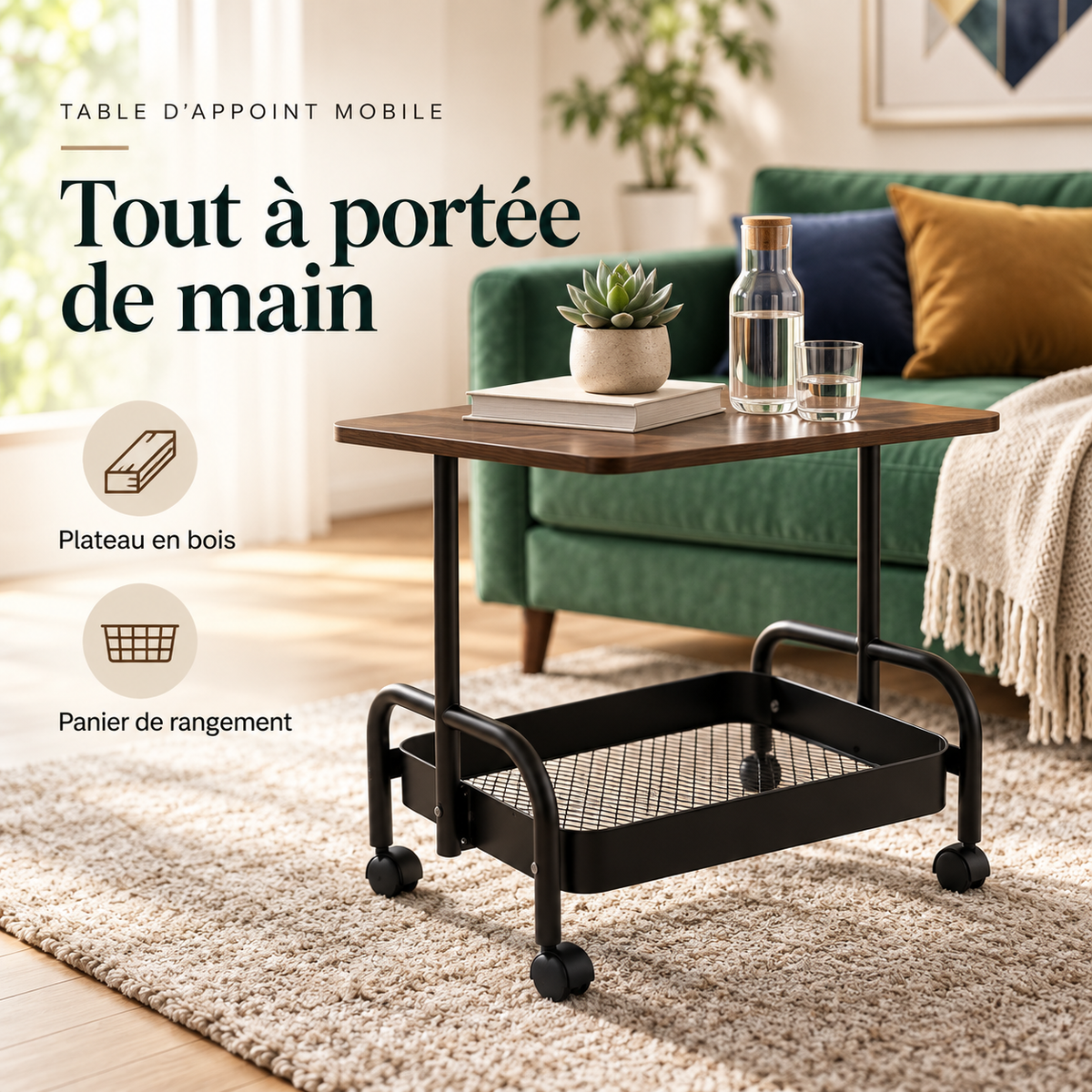 Table d’appoint mobile plateau bois panier de rangement roulettes