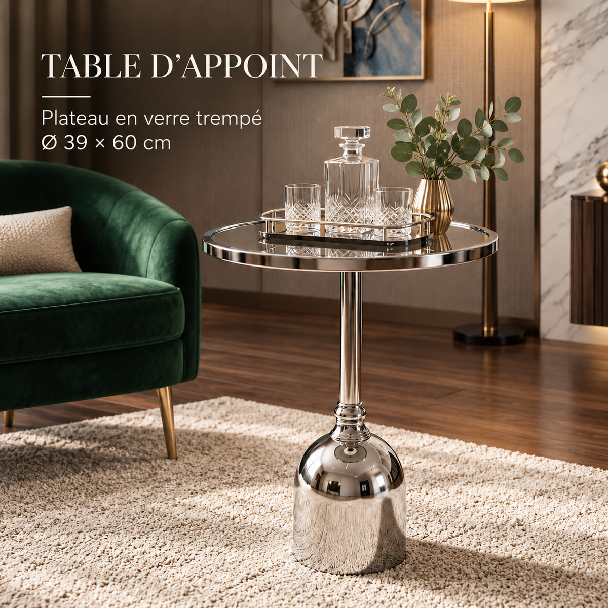 Table d’appoint luxe argentée plateau verre trempé ×39x60cm