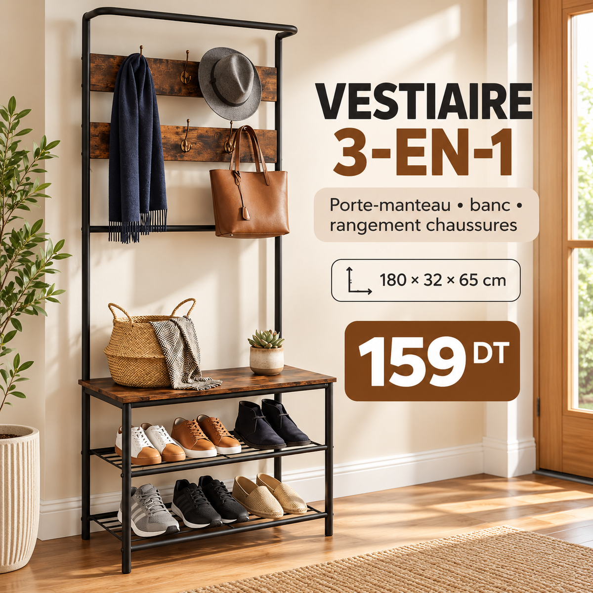 Vestiaire 3-en-1 porte-manteau banc rangement chaussures 159 DT